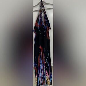 Tropical Halter Maxi Dress Large Black Palm Print Cutout Boho Resort Vacation